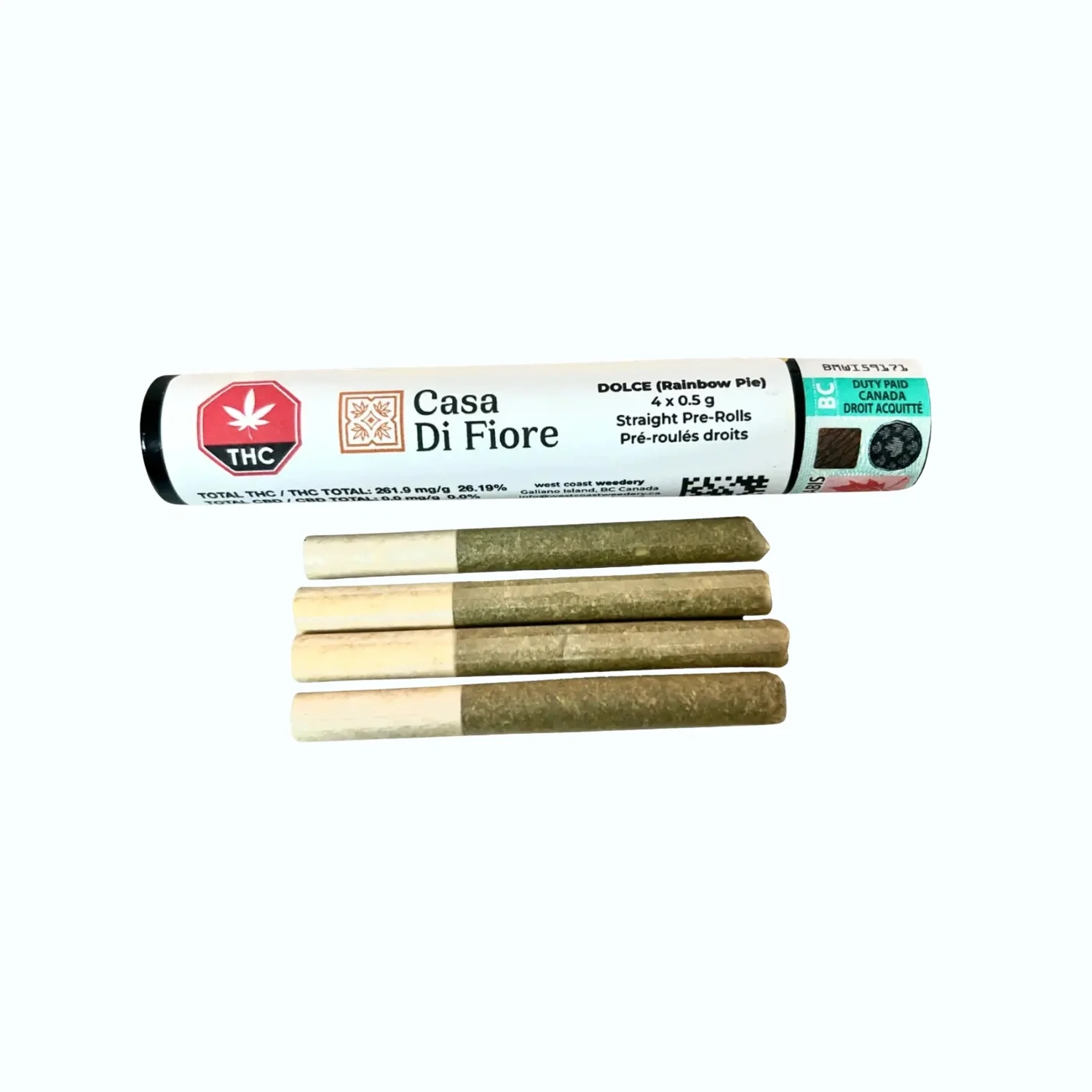 4 casa di fiore pre-rolls in front of packaging tube