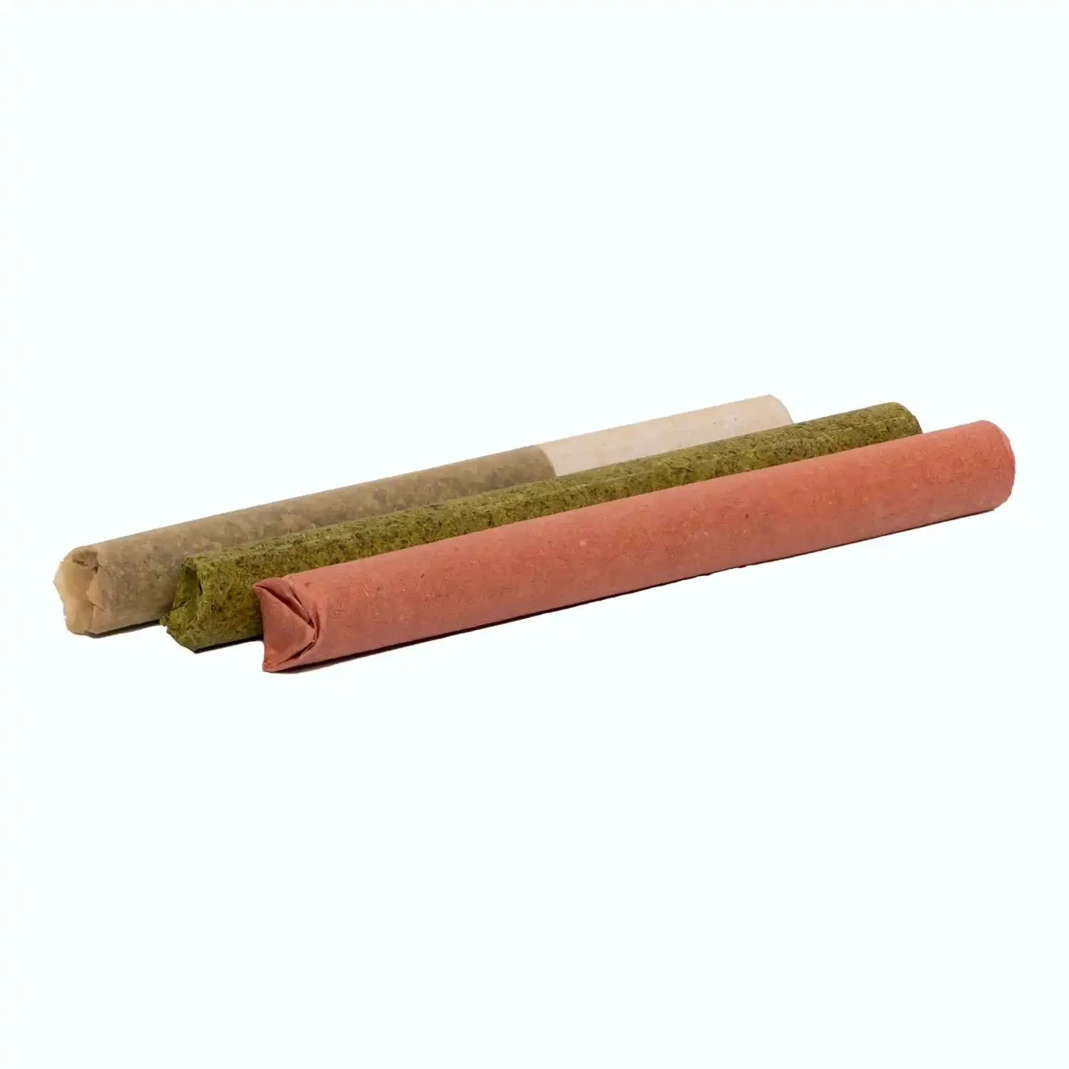 Green, pink and artisan 3 way pre-rolls in front of packaging tube