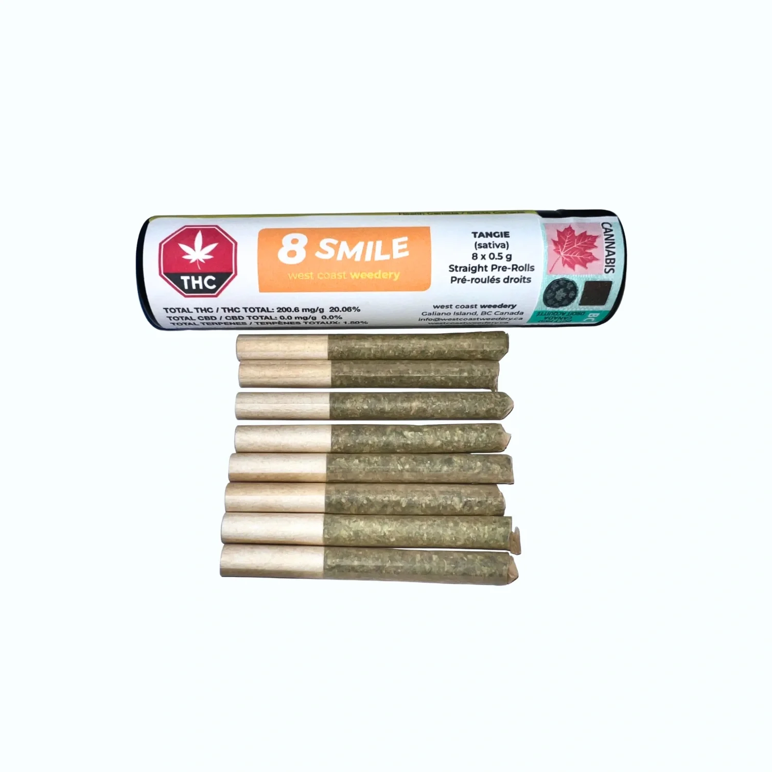 8 west coast weedery 8 smile cannabis pre-rolls in front of packaging tube