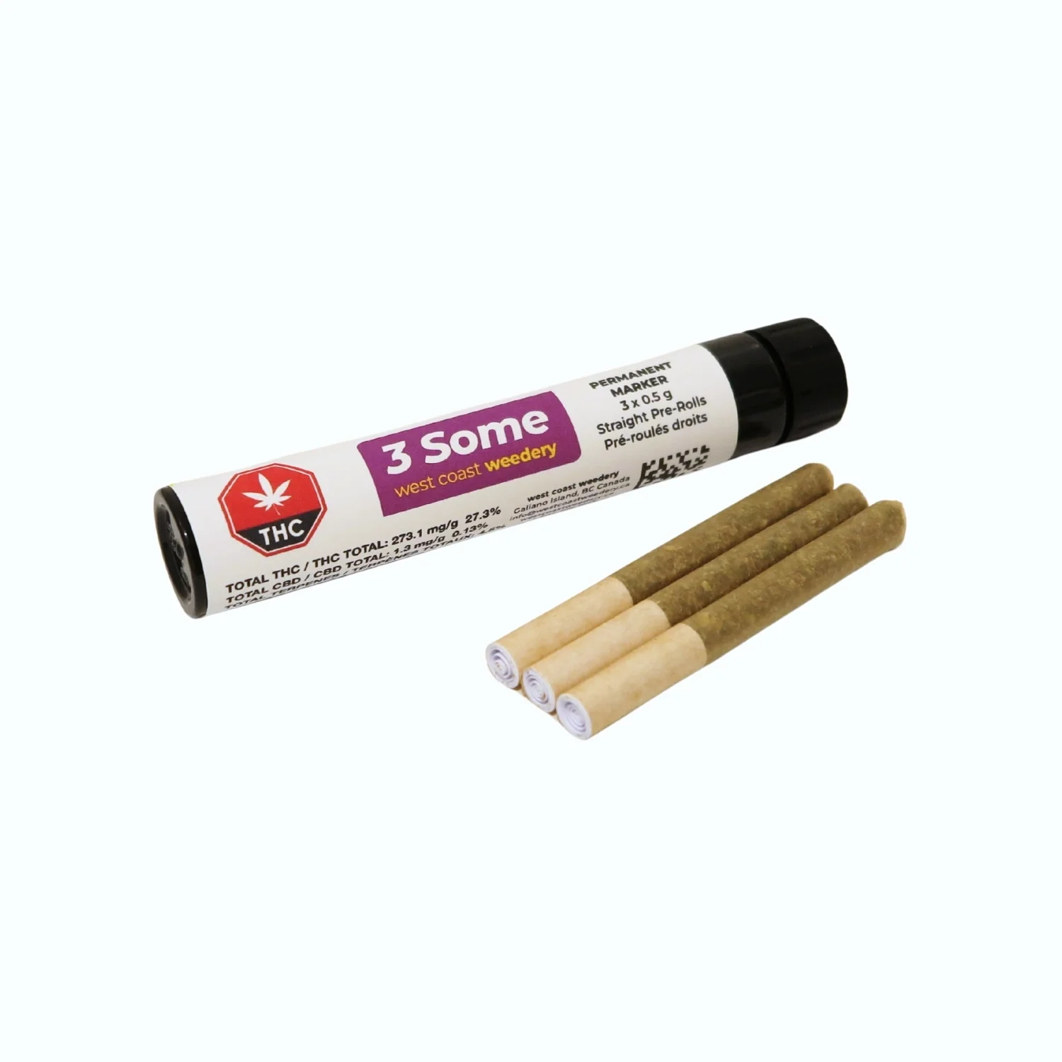 Three 3 some wholesale cannabis products in front of packaging tube