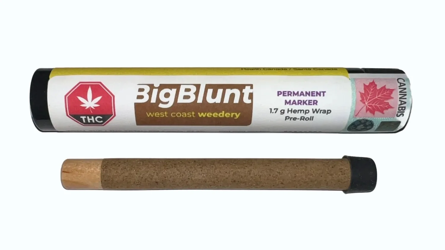 big blunt laying in front of west coast weedery packaging tube