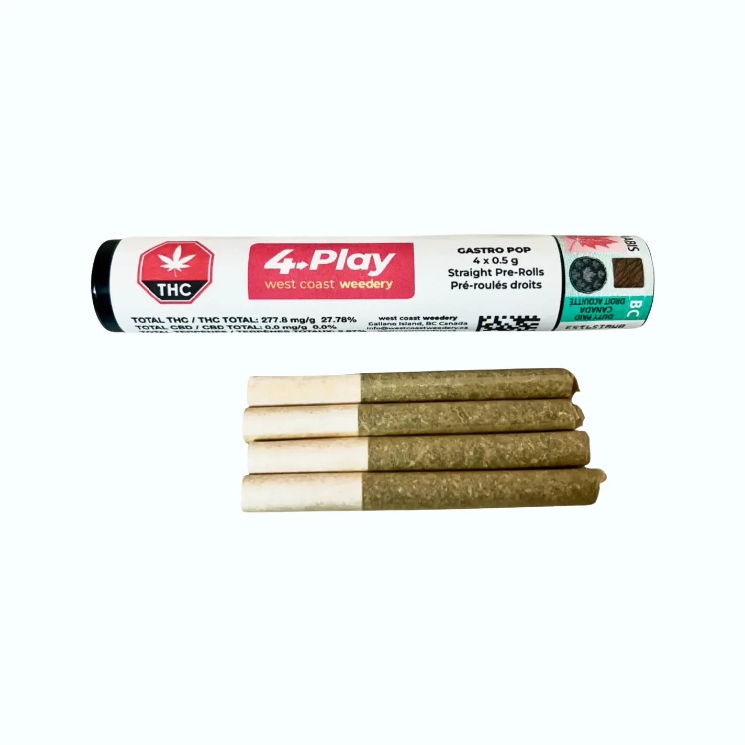 Four west coast weedery 4 play cannabis pre-rolls in front of packaging tube