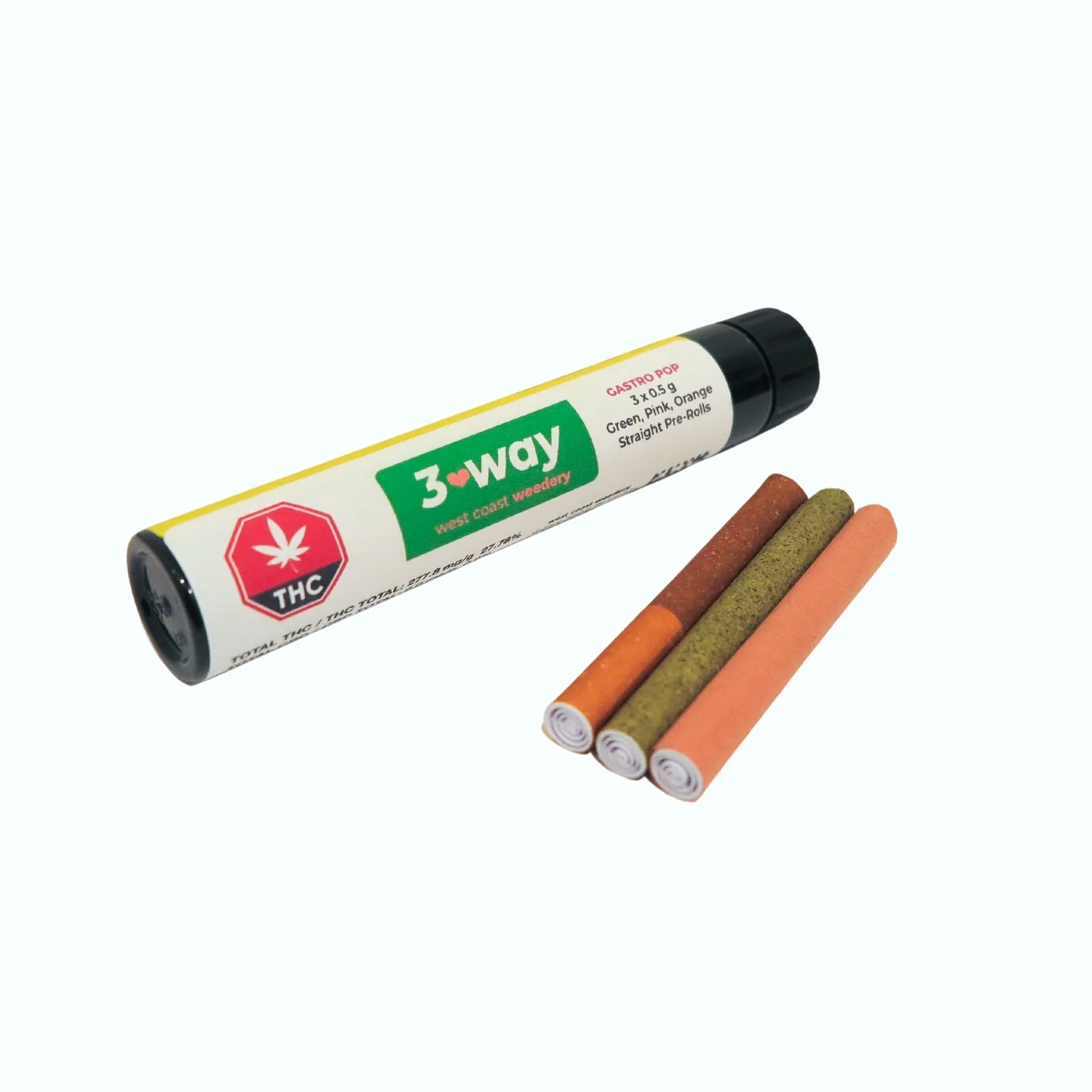 Green, pink and orange 3 way pre-rolls in front of packaging tube