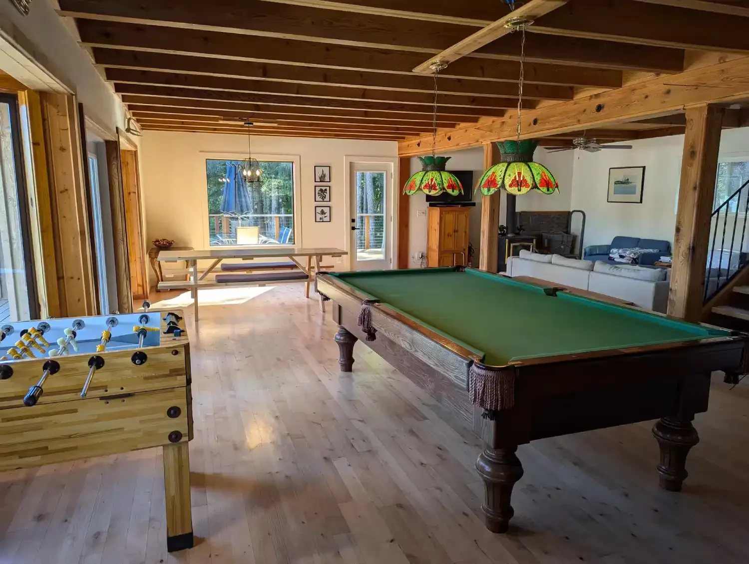 Galiano cabin living room with pool table and table soccer