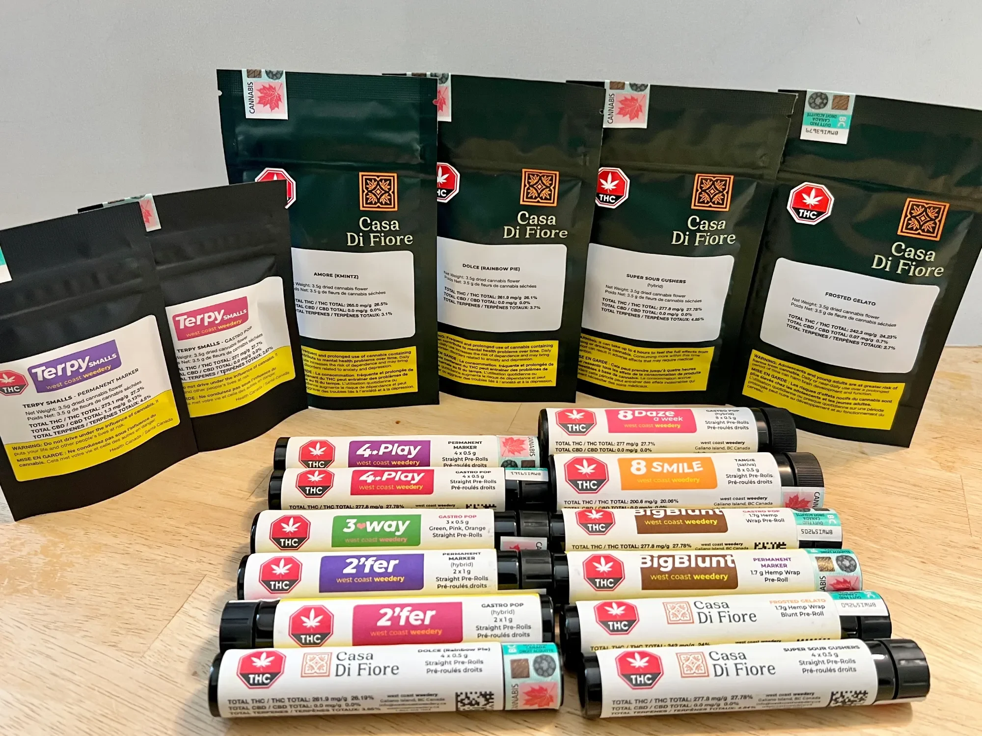 Cannabis flower, pre-roll, blunts from West Coast Weedery lined up