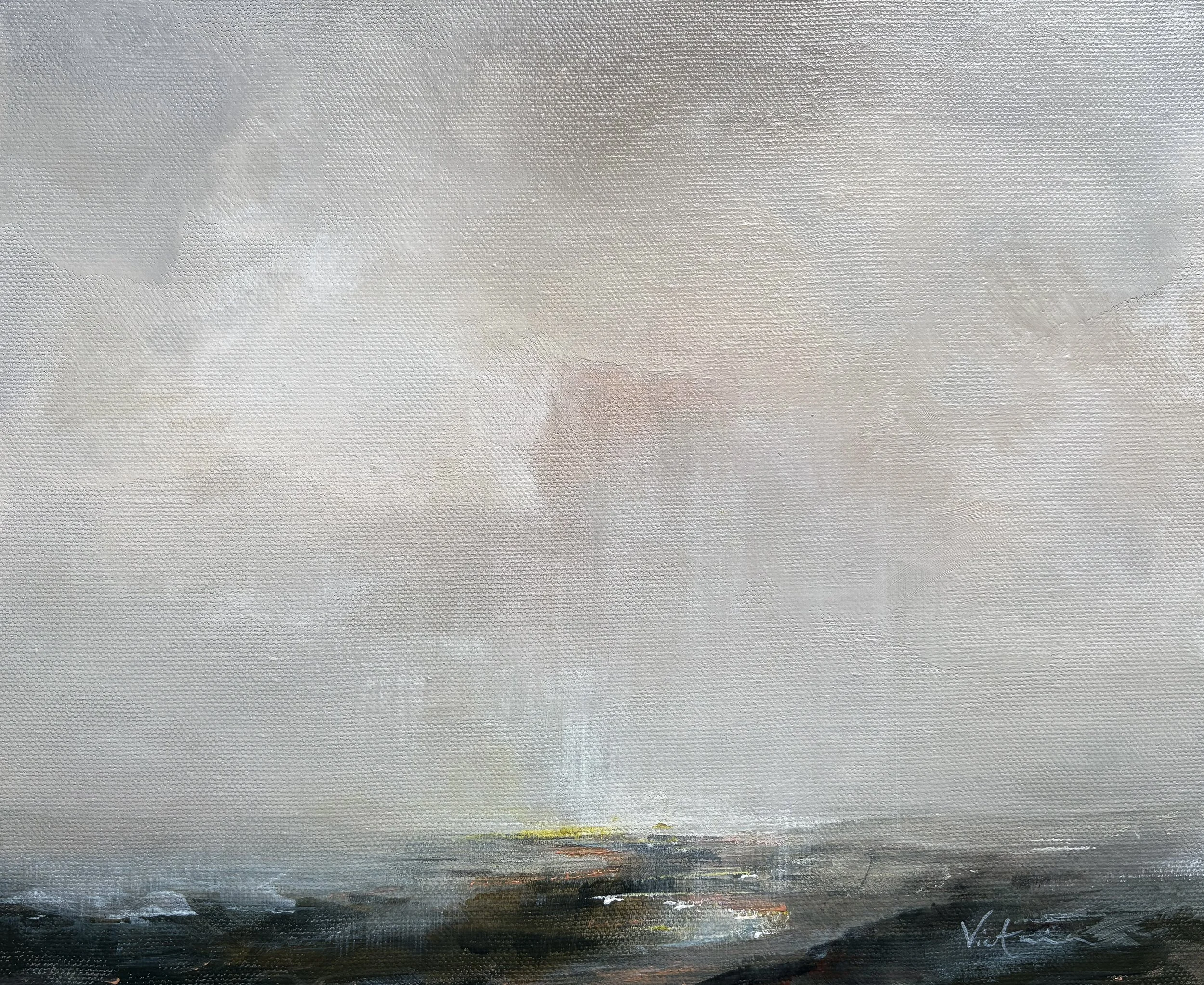 An abstract painting with blended shades of grey, white, black, and hints of yellow, red, and orange at the bottom, with a textured canvas surface.
