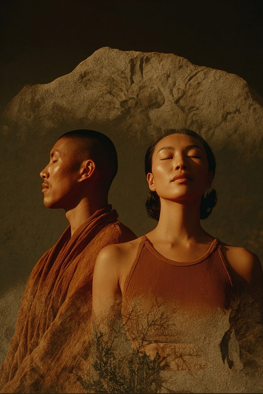 A photo of two people standing back to back with eyes closed, with a mountain in the background and a landscape with trees in the foreground.