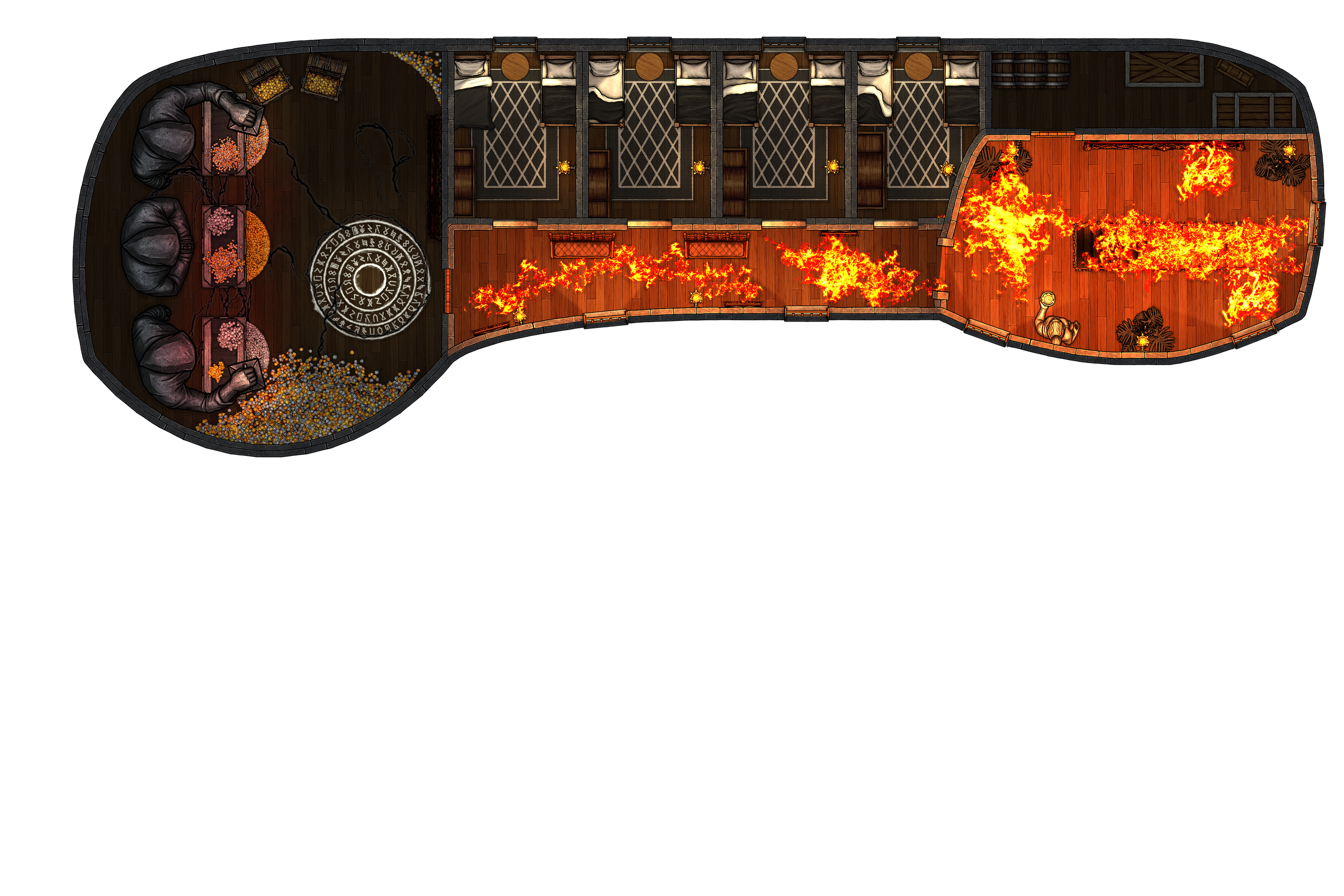 Top-down view of a fantasy-themed dungeon with a circular magical circle, beds in a row, and a hallway with fiery flames on the floor, a small lion statue, and plants.