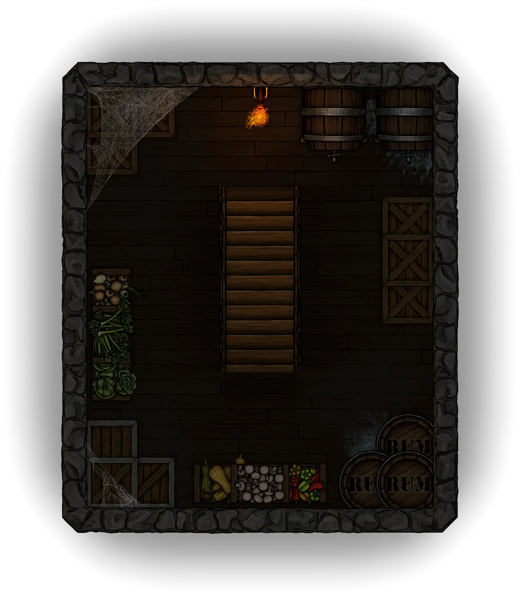 Top-down view of a dimly lit cellar with crates of vegetables and barrels labeled 'RUM' in the bottom right corner, wooden stairs in the center, barrels hanging on the top wall, and cobwebs in the top left corner.