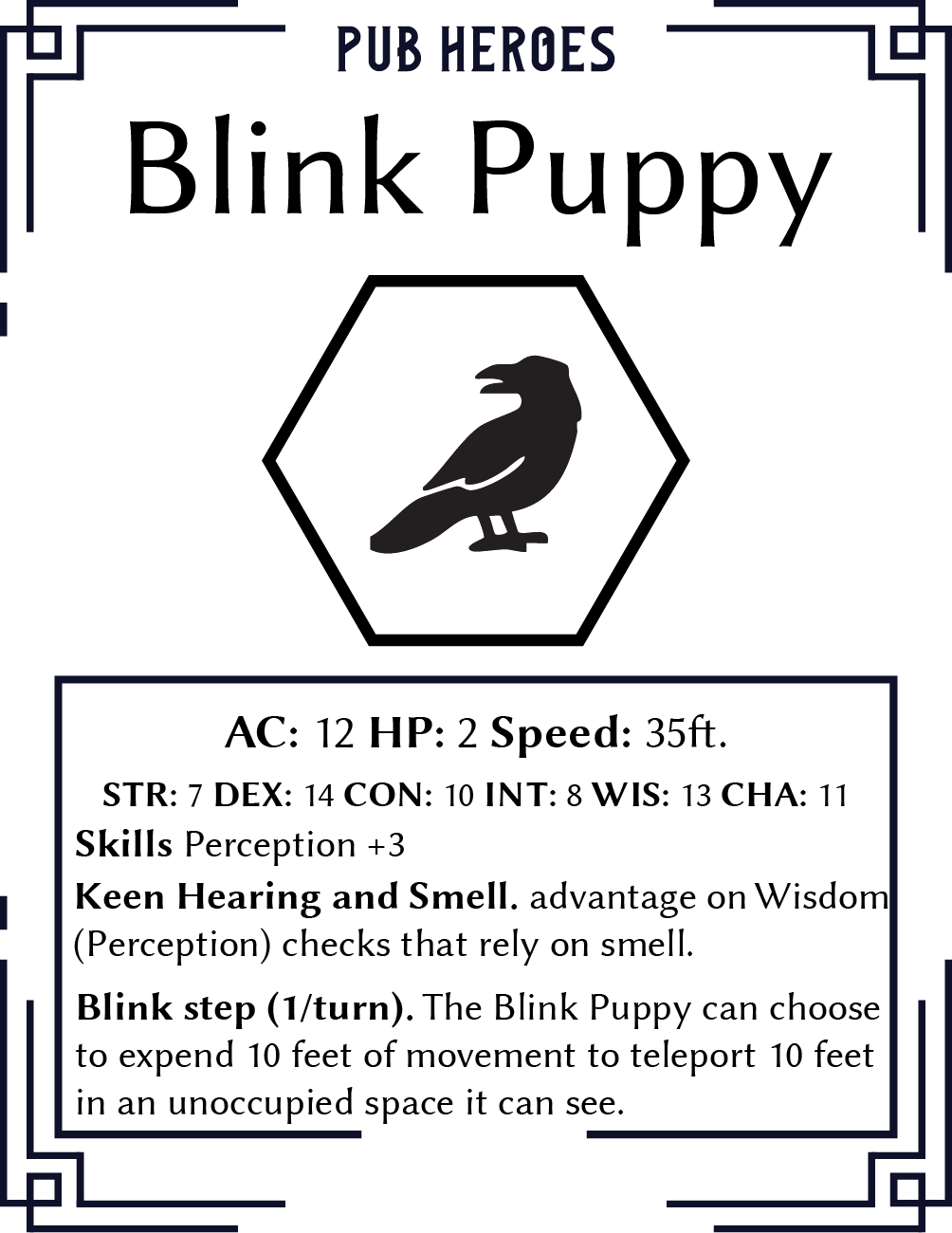Design of a tabletop RPG character sheet for a fictional 'Blink Puppy' with stats, skills, and abilities, including a raven icon in a hexagon.