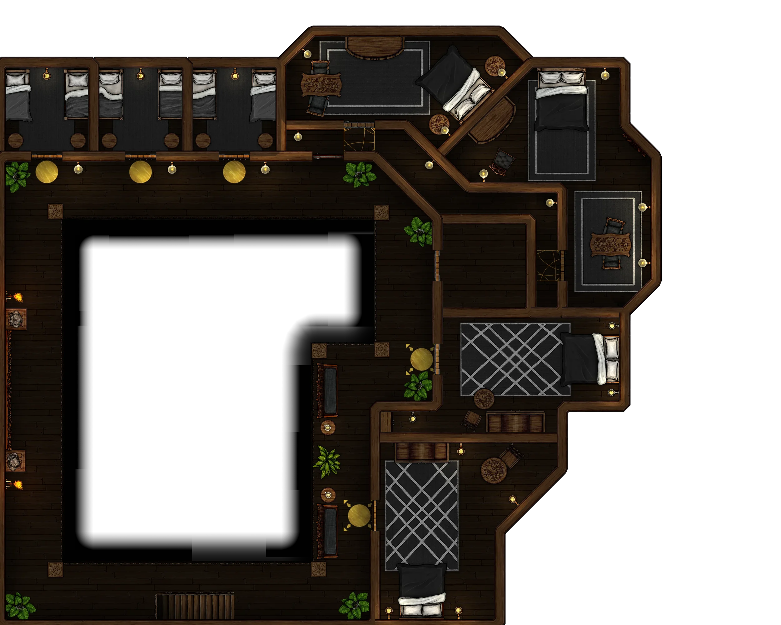 A digital floor plan of a house with multiple bedrooms, a living area, and decorated with rugs, plants, and furniture.