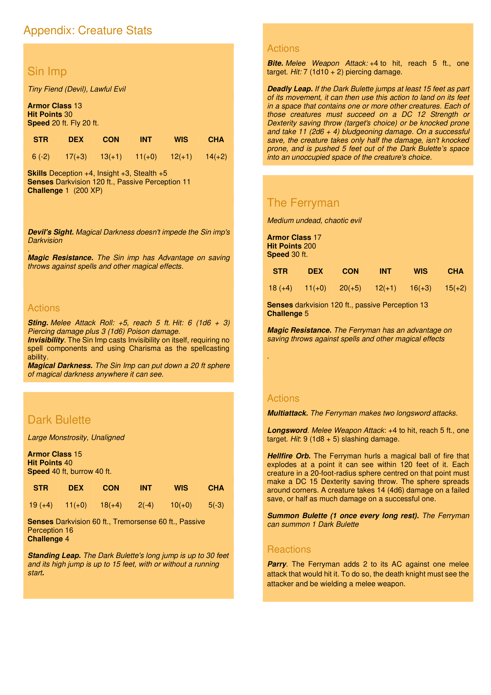 A character sheet titled 'Appendix: Creature Stats' for three creatures: Sin Imp, Dark Bulette, and The Ferryman, detailing their abilities, skills, resistances, and actions.