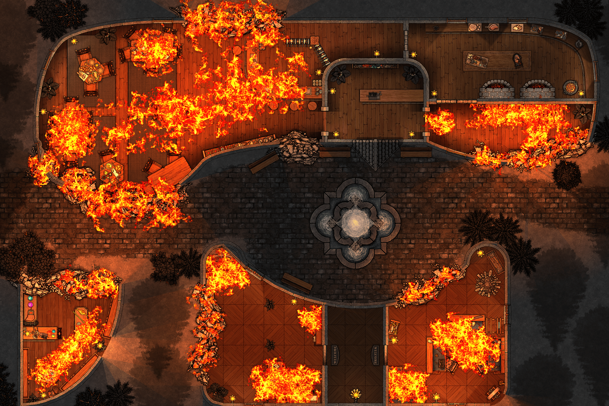 A top-down view of a large house with parts of its wooden exterior engulfed in flames. Fire burns along the perimeter of the house, with some areas on the roof and porch completely on fire. The house has multiple rooms with visible furniture, and a s