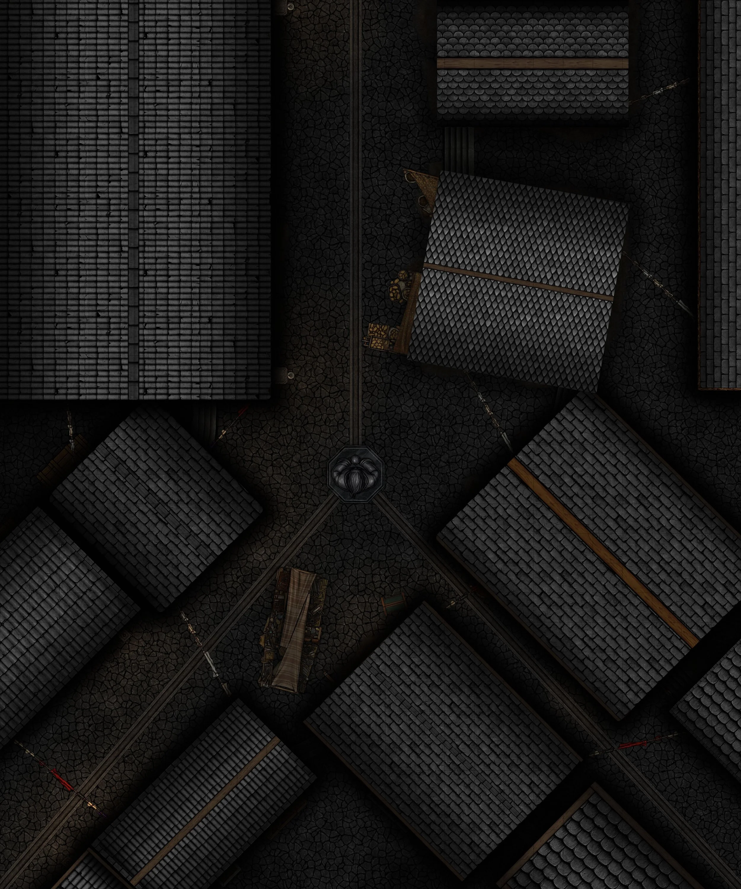 An aerial view of a dark city street with textured buildings and narrow alleyways.