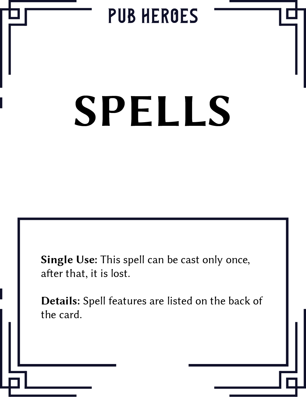 A card titled 'Spells' with instructions for single-use spells and spell features listed on the back.