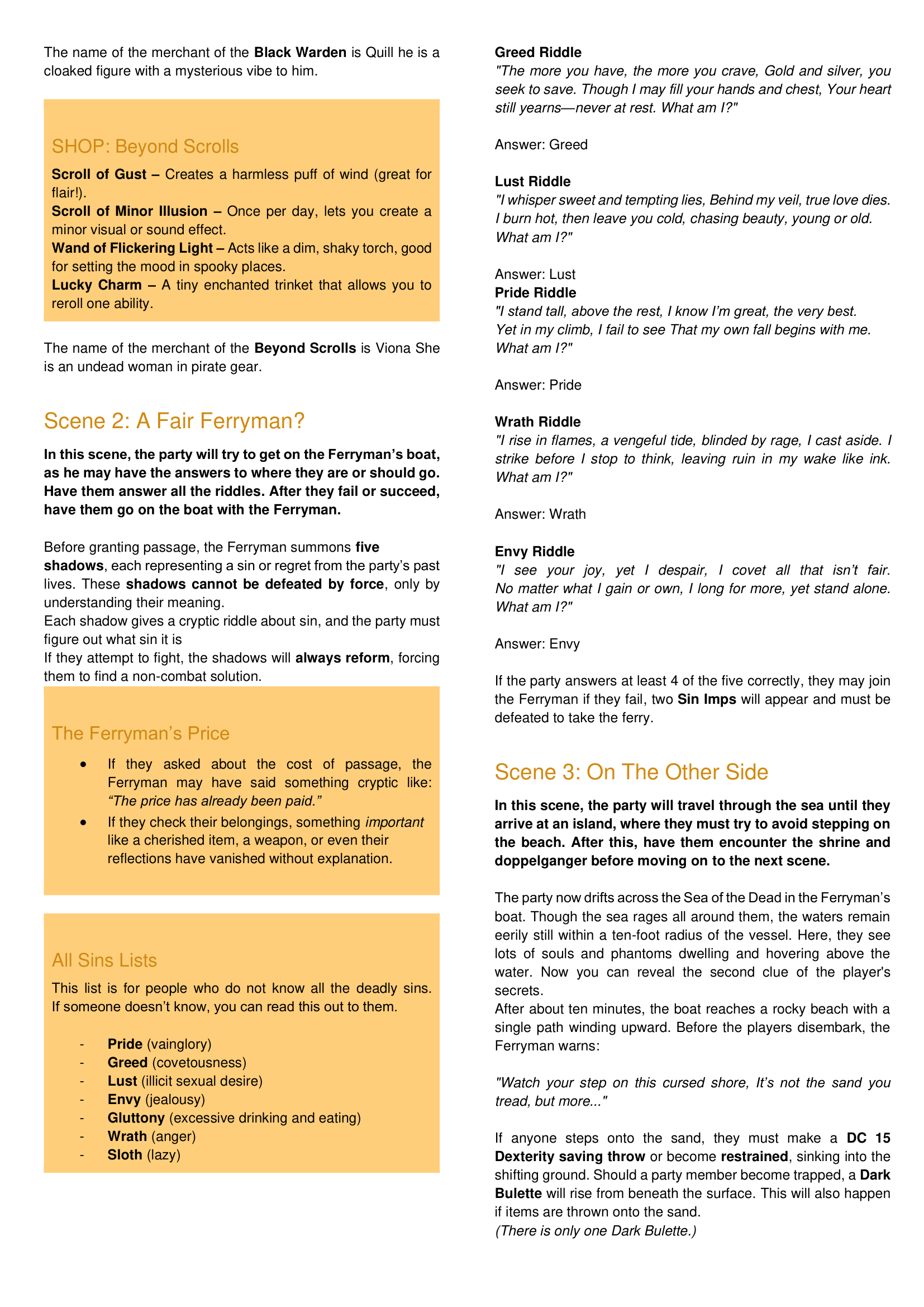 A page from a guide or script that includes sections titled 'Black Warden', 'Beyond Scrolls', 'Scene 2: A Fair Ferryman?', 'The Ferryman's Price', 'All Sins Lists', and 'Scene 3: On The Other Side'. It contains text about riddles, characters, and ins