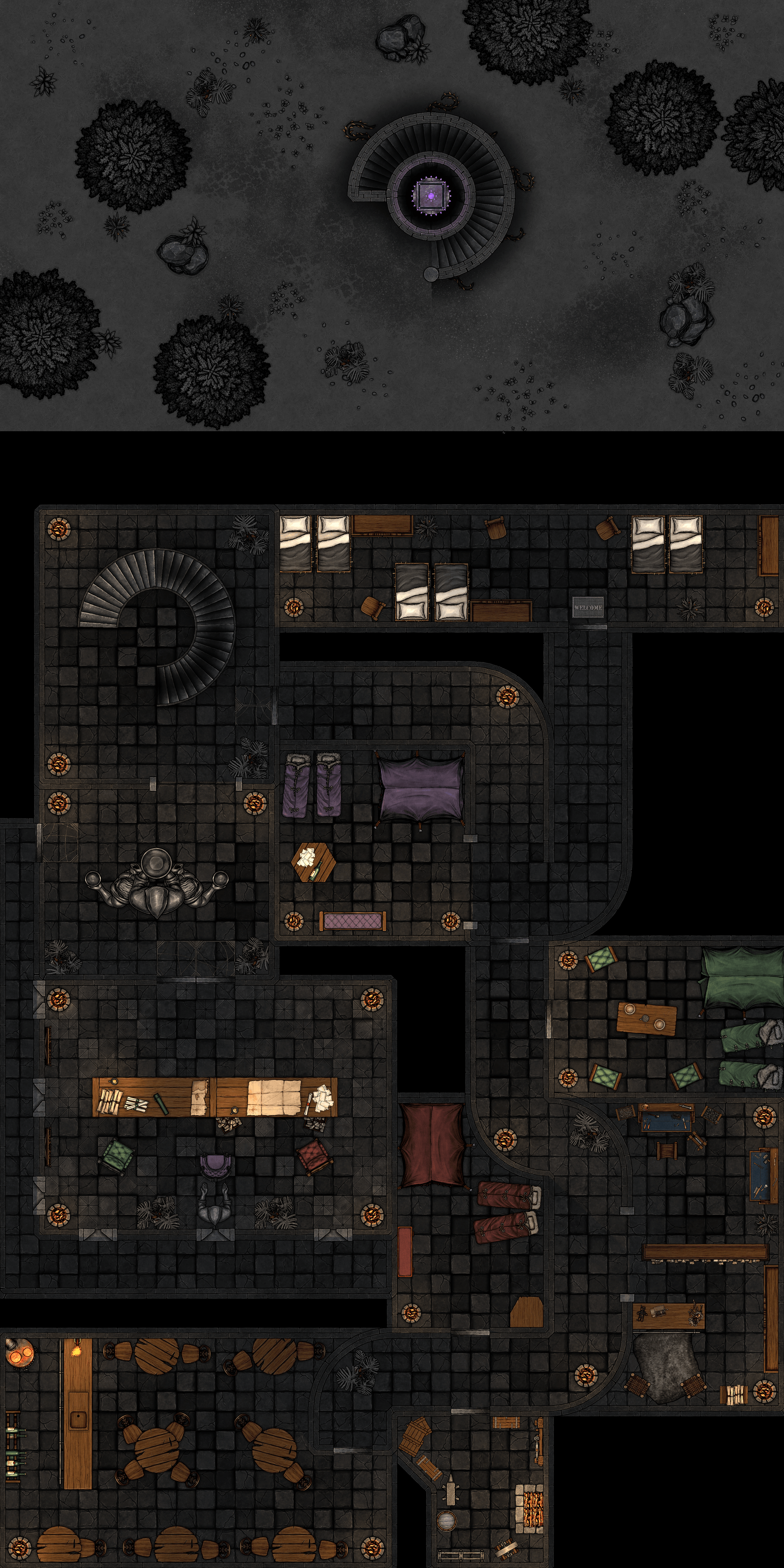 Top view of a dark fantasy game map with a garden and staircases leading to a building with bedrooms and furniture inside