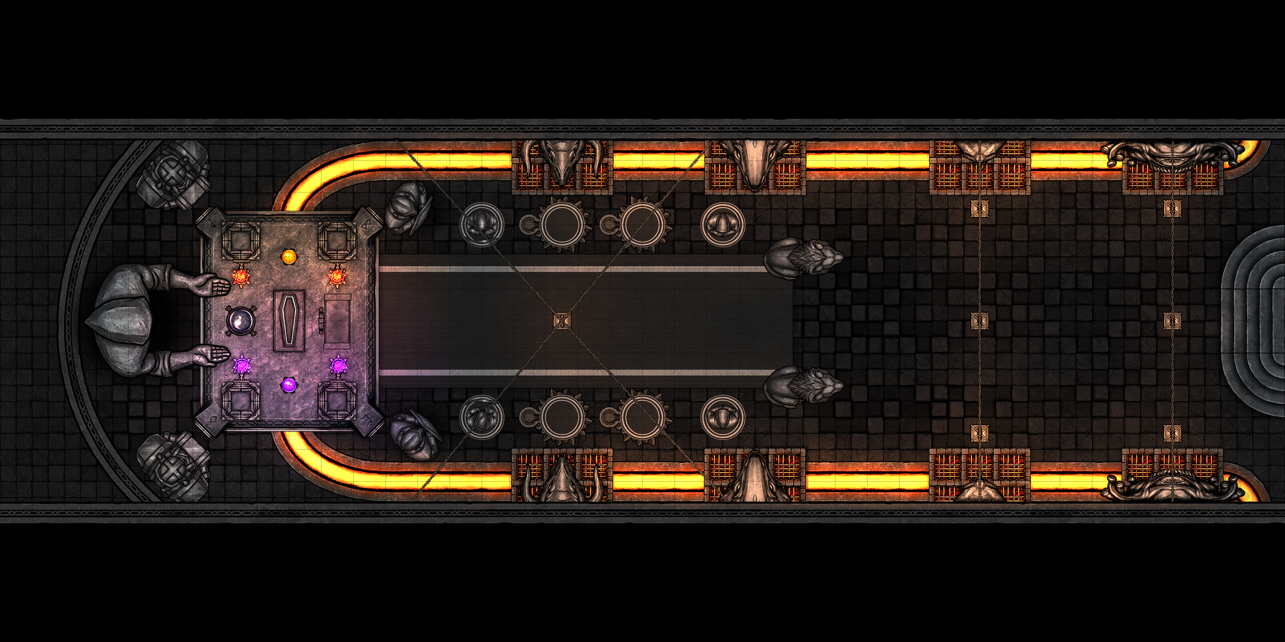 Top-down view of a fantasy-themed game board with a rectangular arena, statues, cages, glowing borders, and various game tokens and miniatures.