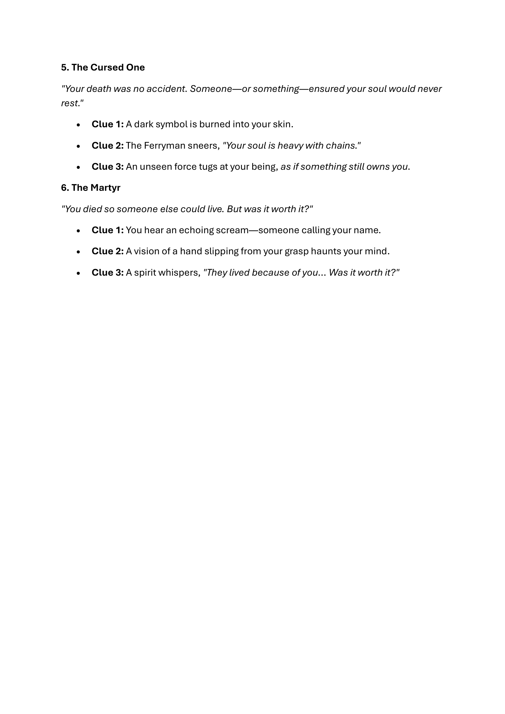 Page from a book or document with text about themes of the cursed one and the martyr, including quotes and clues related to death, spirits, and sacrifice.