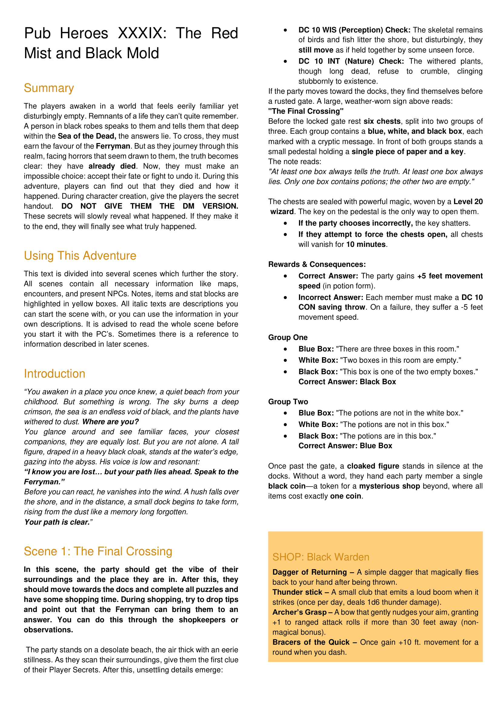 A page from a role-playing game guidebook titled "Pub Heroes XXXIX: The Red Mist and Black Mold." The page includes sections on game summary, adventure instructions, an introductory story, scene details, and a list of items for sale. It also features