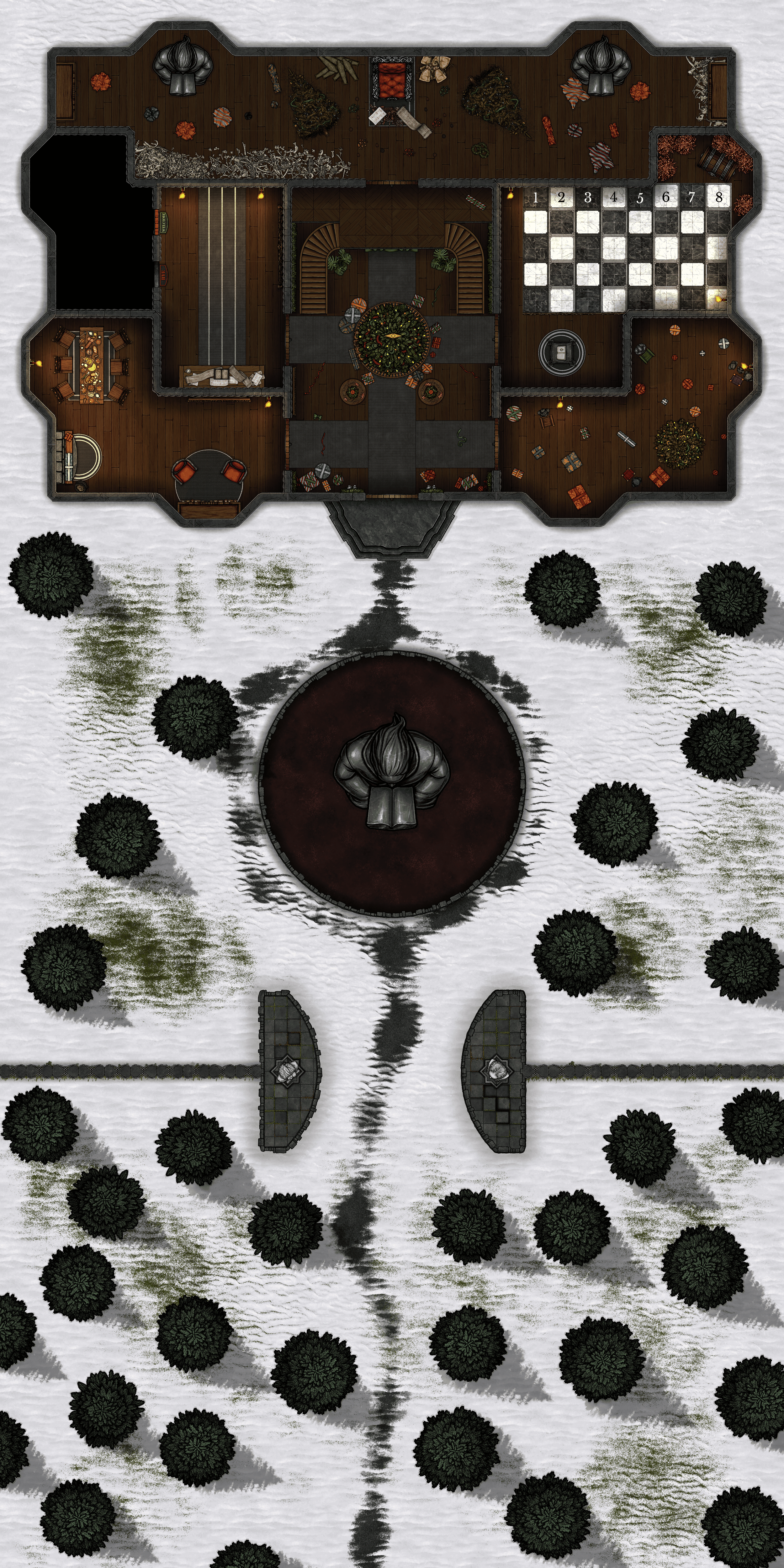 Snow-covered landscape with a large statue in the center, surrounded by trees, leading to a mansion with decorated rooms and a checkerboard area, indicating a festive, holiday scene.