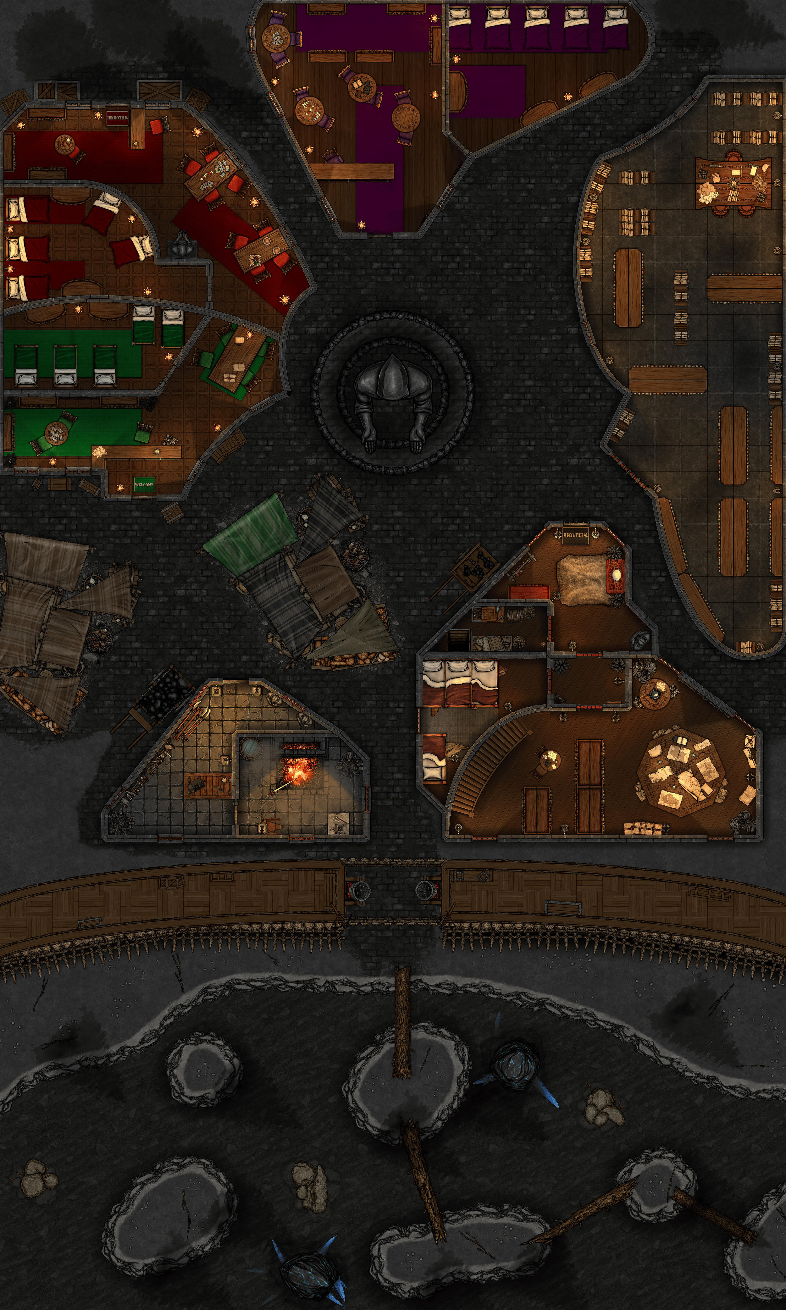 Top-down view of a fantasy tavern with various rooms, including sleeping quarters, a library, a kitchen, a forge, and common areas, with a river running underneath and a bridge crossing it.
