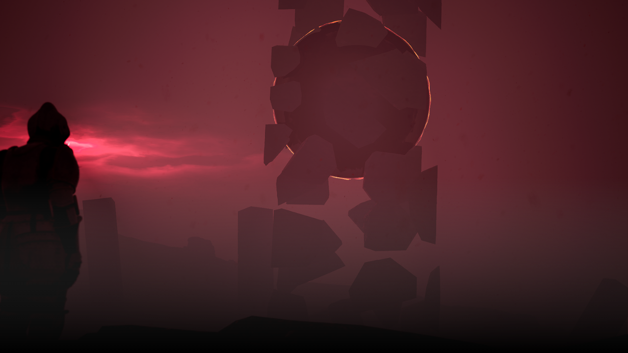 A silhouetted figure stands on the left, gazing at a glowing, shattered Earth-like sphere with floating fragments against a dark, moody sky.