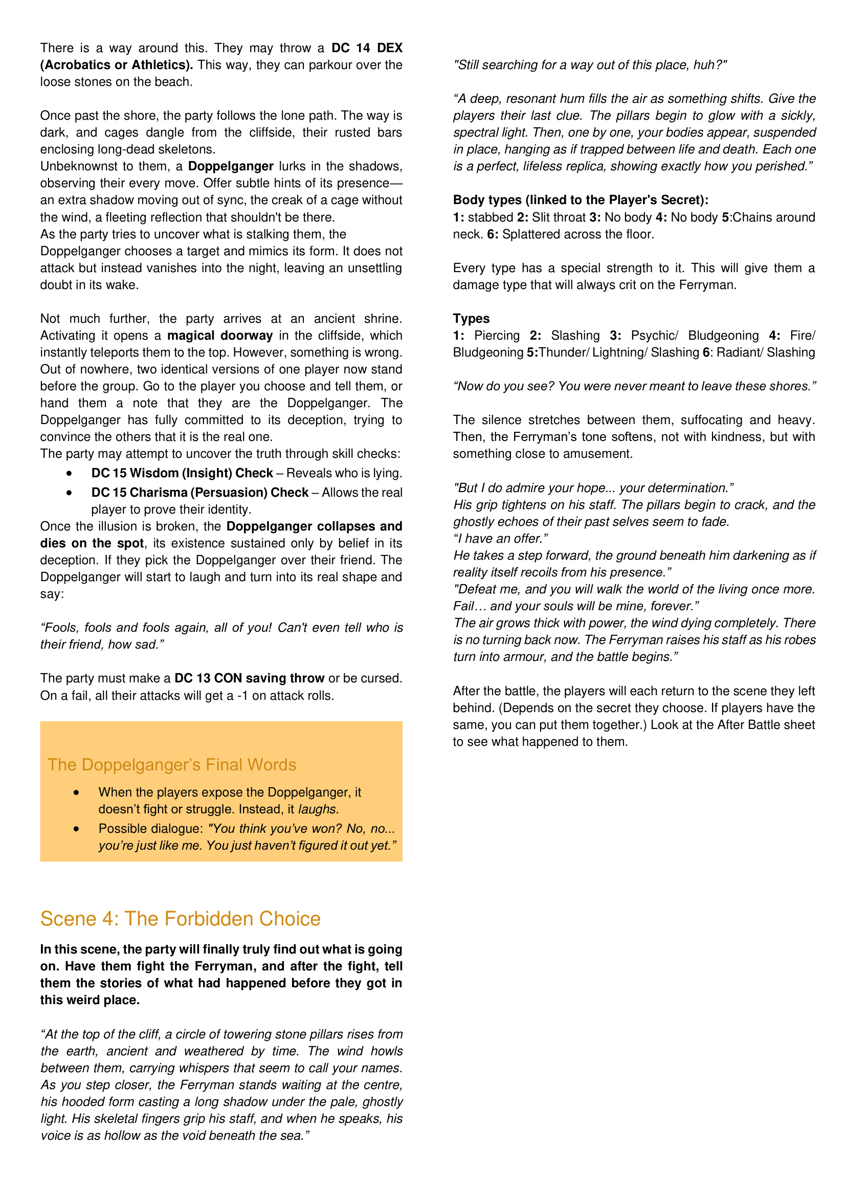 Page of a script or guidebook with text describing a fantasy or role-playing scene involving a Doppelganger, body types, and a battle scene. Contains dialogue, instructions, and thematic descriptions.