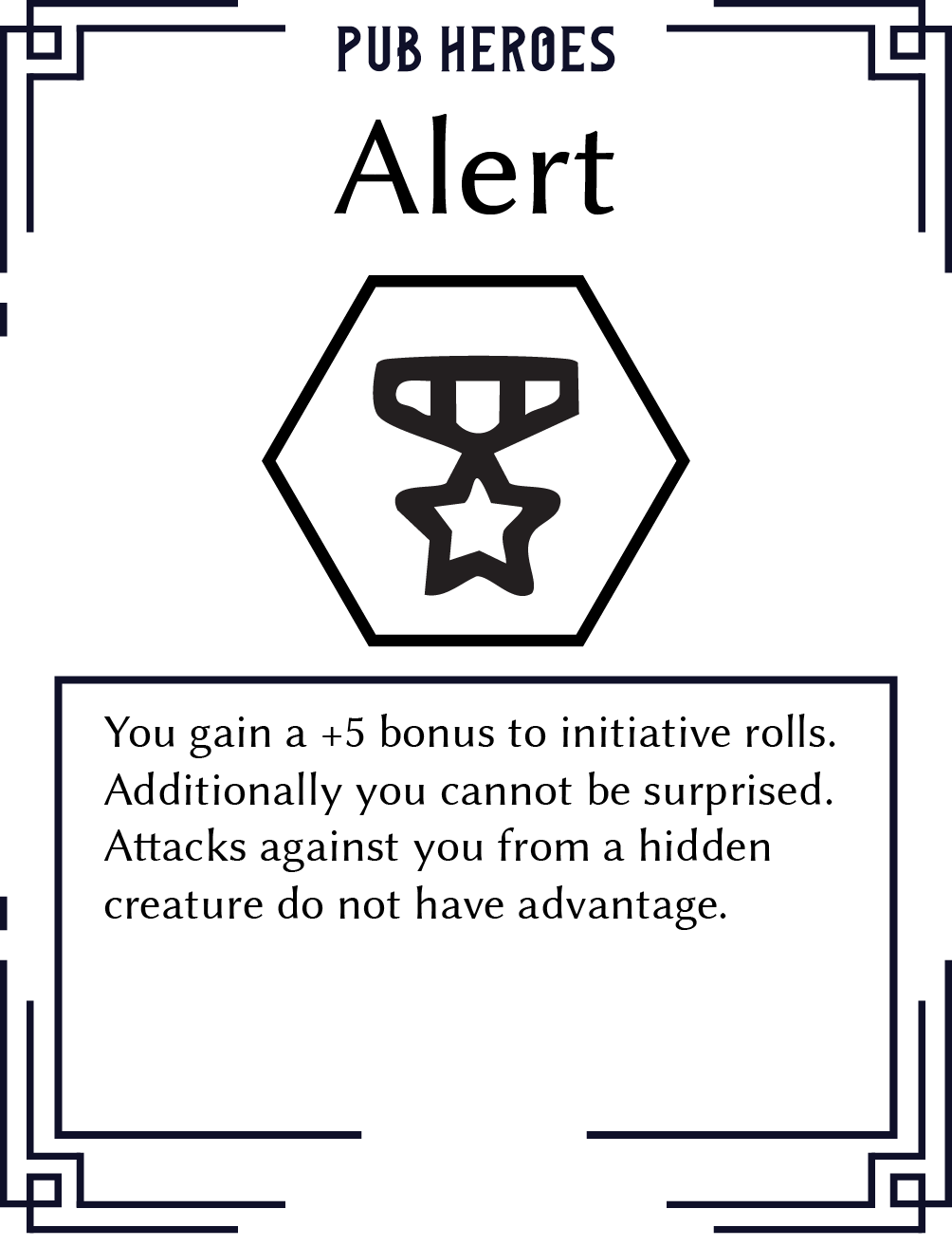 A game card titled 'Pub Heroes Alert' with a medal icon and rules about gaining bonus rolls and immunity from surprise attacks.