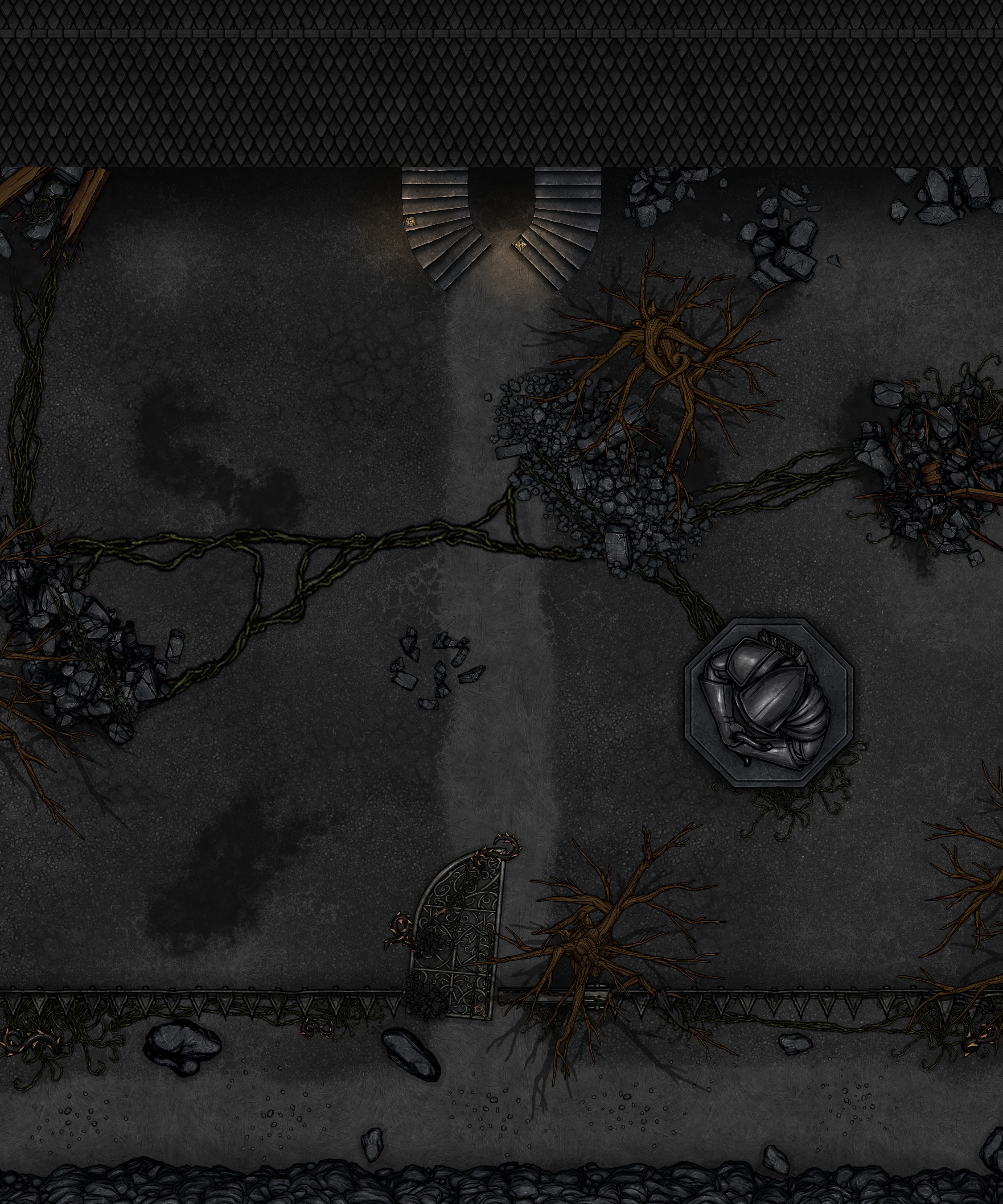 A dark, eerie graveyard scene with leafless trees, a metal gate, a statue of a rat, and overgrown plants.