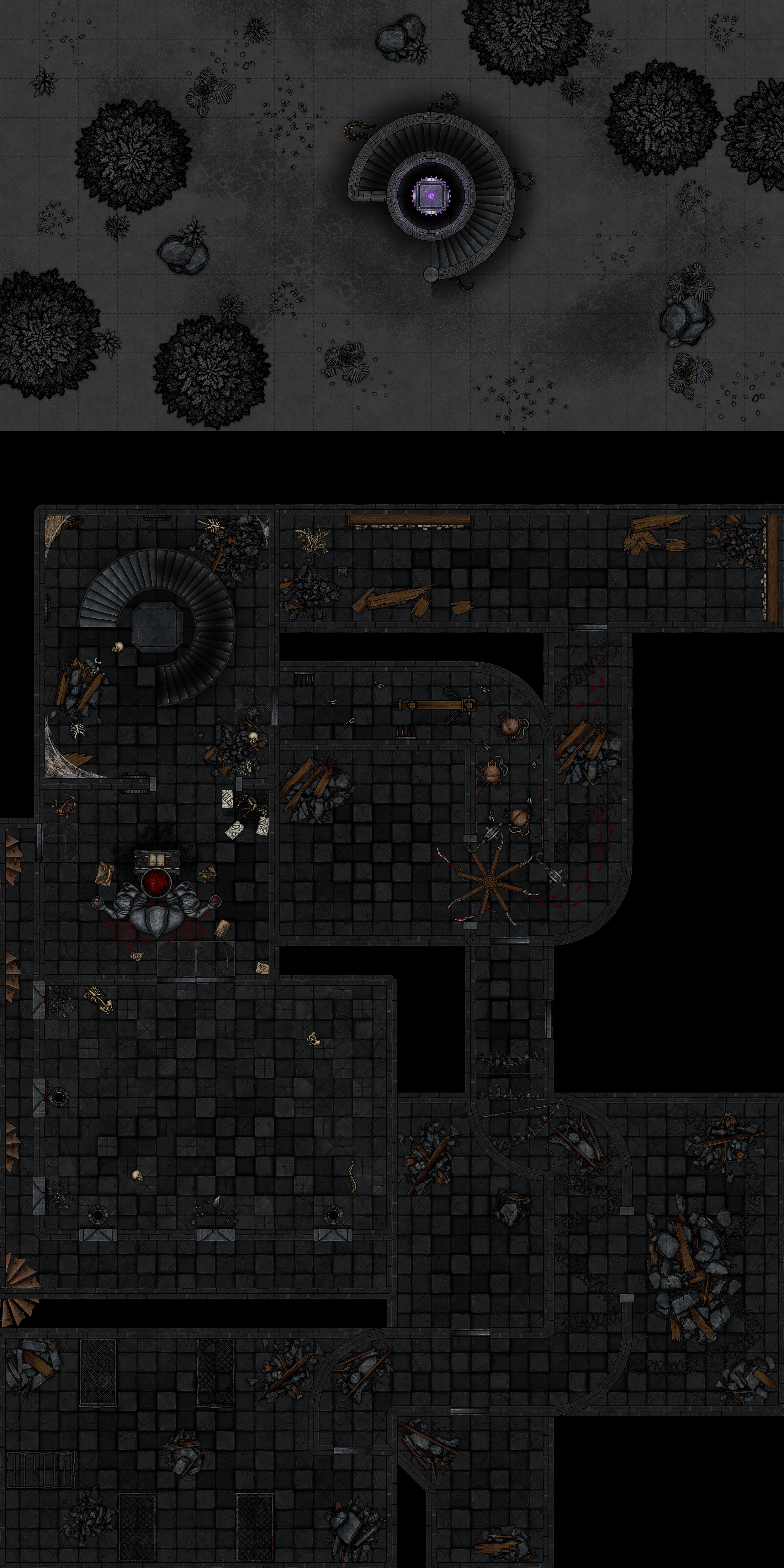 Top-down view of a dark, abandoned dungeon with a spiral staircase, broken furniture, scattered bones, bloodstains, and debris on the floor.