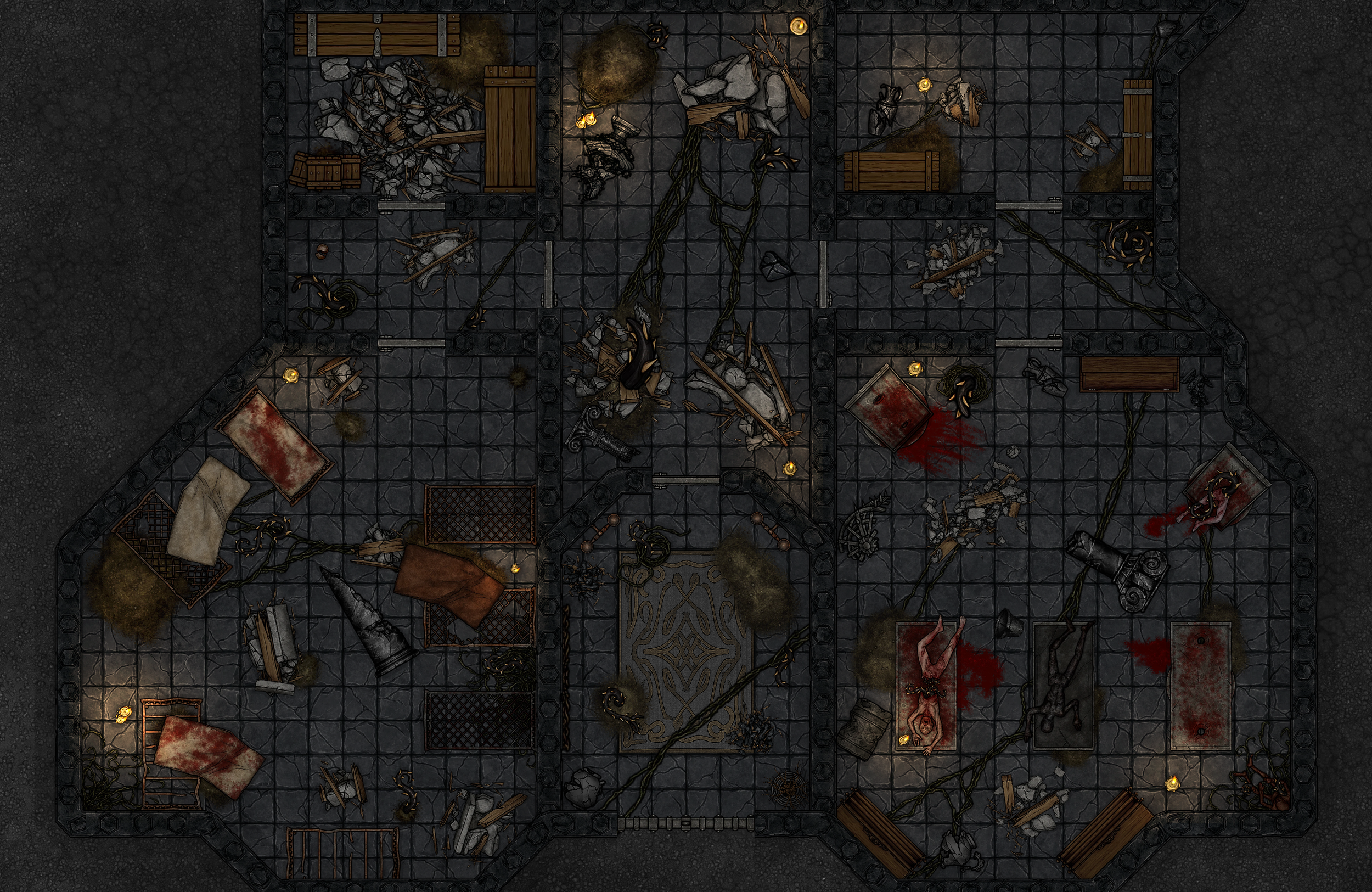 Top-down view of a dark, damaged, and bloodstained dungeon room with broken furniture, debris, body parts, and blood splatters. The room is lit by small lamps and has stone walls and floors.