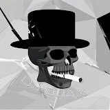 A cartoon skull wearing a top hat and sunglasses, smoking a cigar.