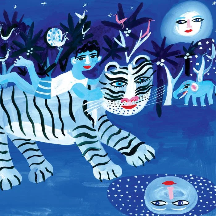 A colorful, surreal painting of a person riding a white tiger with black stripes, inside a forest at night under a bright full moon. The scene includes animals like giraffes and an elephant, a face in the moon, and a face reflected in a pond.