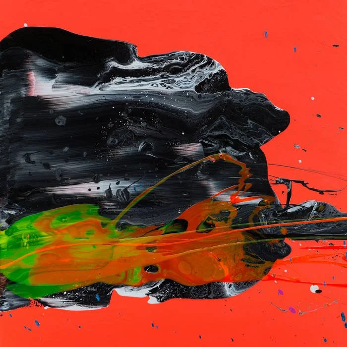 Abstract painting with black, green, orange, and red colors on a red background.