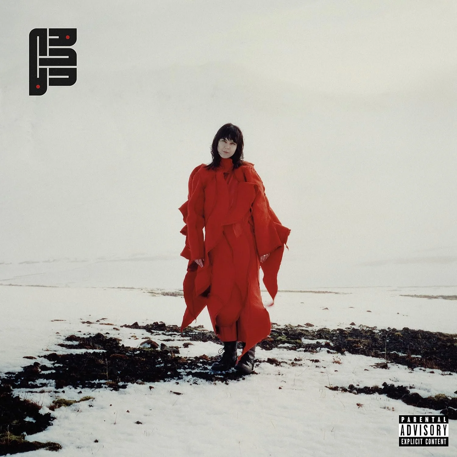 A woman dressed in a bright red outfit standing on snow-covered ground in a vast, empty, snowy landscape with a cloudy sky.