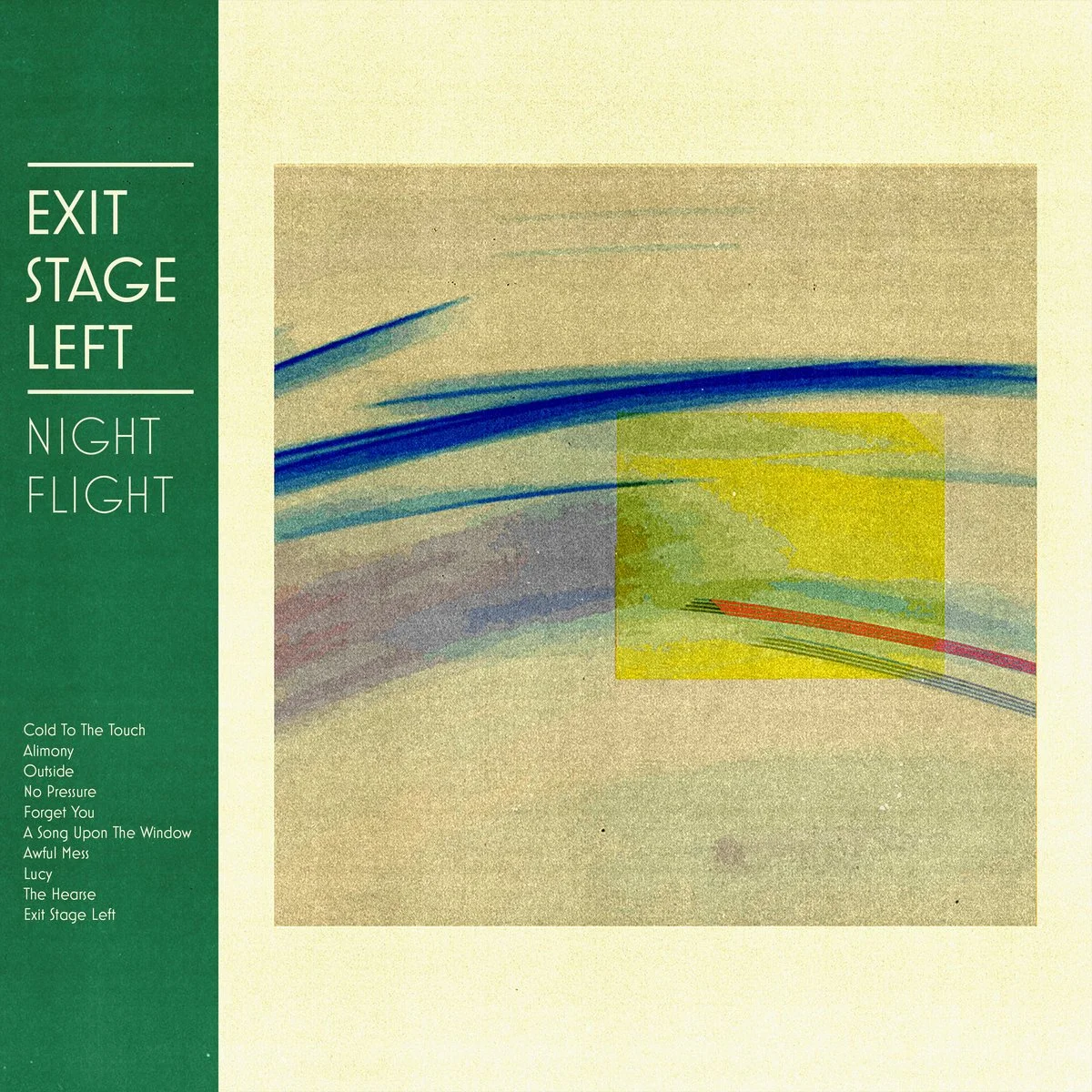 Album cover with abstract art and green sidebar listing song titles, titled 'Exit Stage Left Night Flight'.