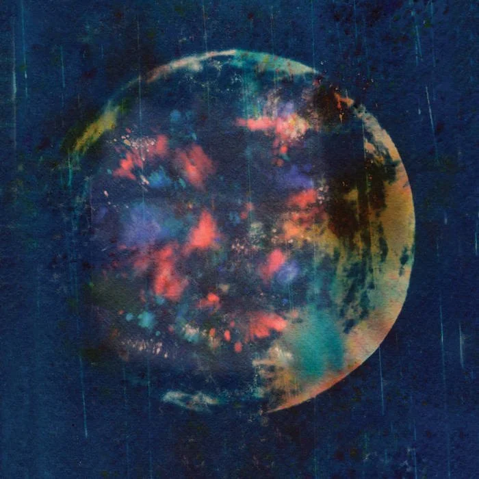 Colorful, abstract artwork resembling a planetary moon against a dark blue background.