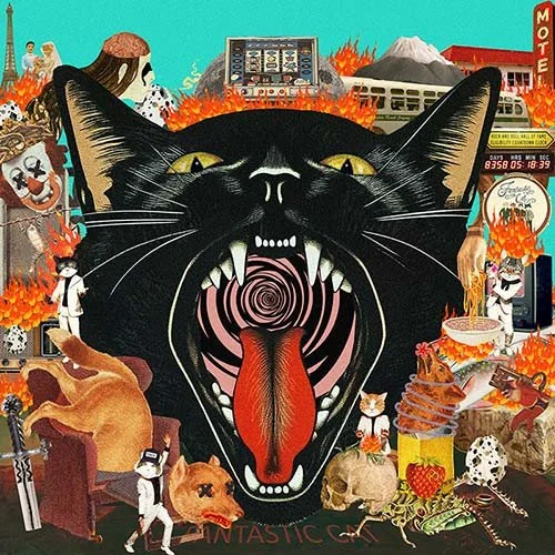 A large black cat with an open mouth, sharp teeth, and a tongue sticking out, surrounded by various chaotic elements including smaller cats, flames, a mountain, vintage items, and surreal imagery.
