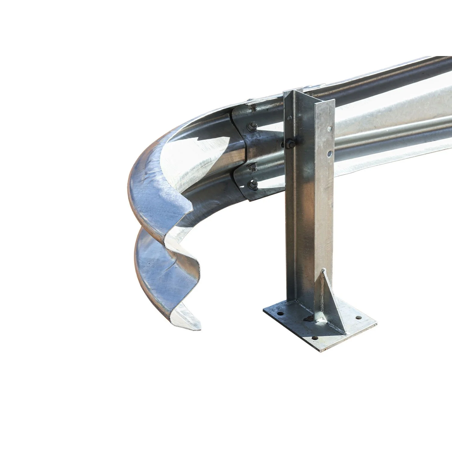Metal screw conveyor auger with a curved blade mounted on a metal stand