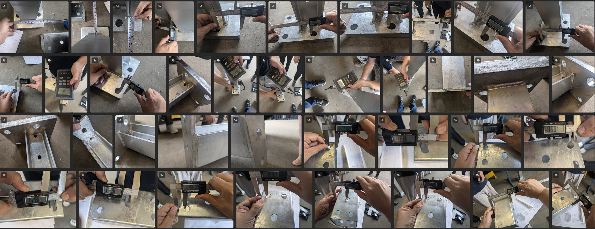 Multiple images showing measurements being taken on metal brackets and structures with digital calipers and measuring tape in a workshop.