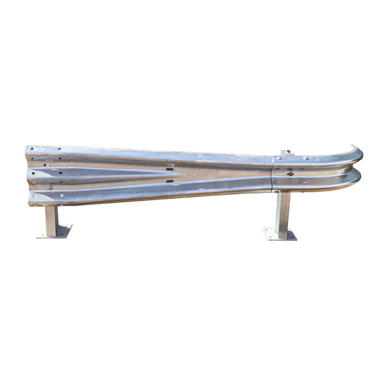 Metal roadside guardrail with support posts against a white background.