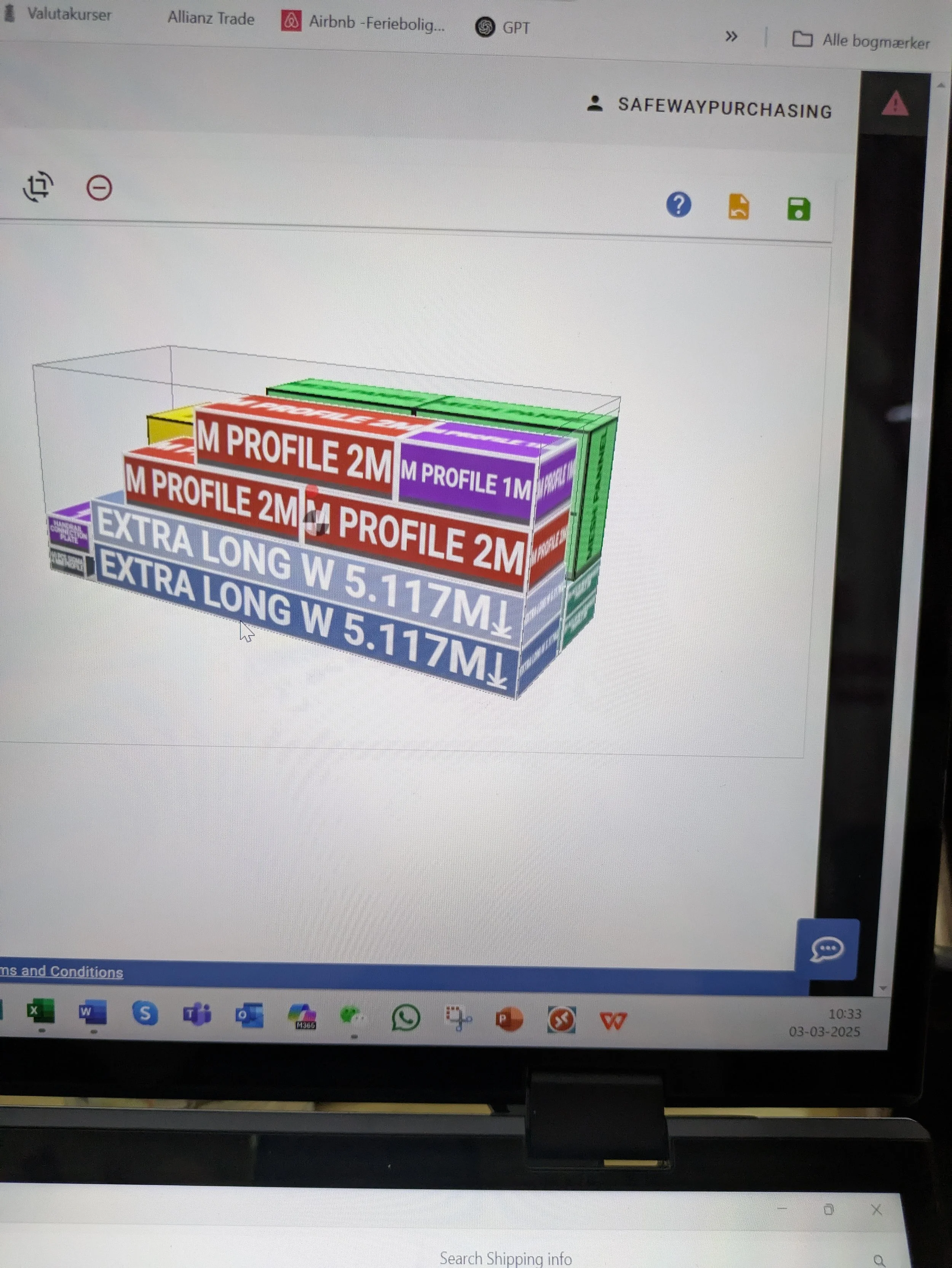 A computer screen displaying a 3D diagram of boxes with labels: purple boxes labeled 'M PROFILE 1M', red boxes labeled 'M PROFILE 2M', and blue boxes labeled 'EXTRA LONG W 5.117M'. Green boxes are also visible in the diagram.