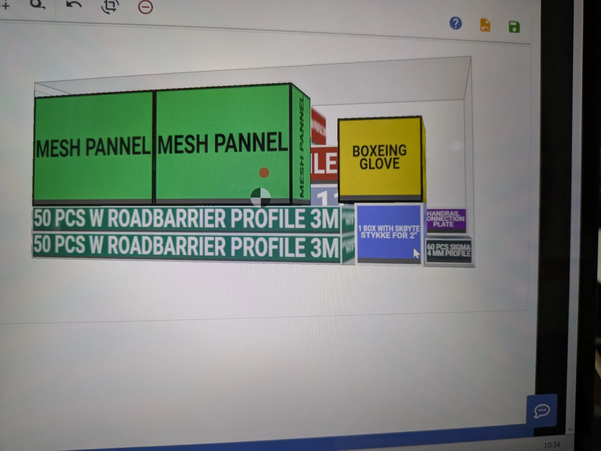 A digital diagram featuring various construction materials and safety equipment, including green mesh panels labeled 'MESH PANEL,' blue boxes labeled '1 BOX WITH SKØYTE STYKKE FOR 2','50 PCS W ROAD BARRIER PROFILE 3M,' and a yellow box labeled 'BOXIN