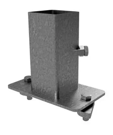Metal industrial fixture with a rectangular vertical post attached to a flat base, secured with bolts and a side knob, used in machinery or construction.