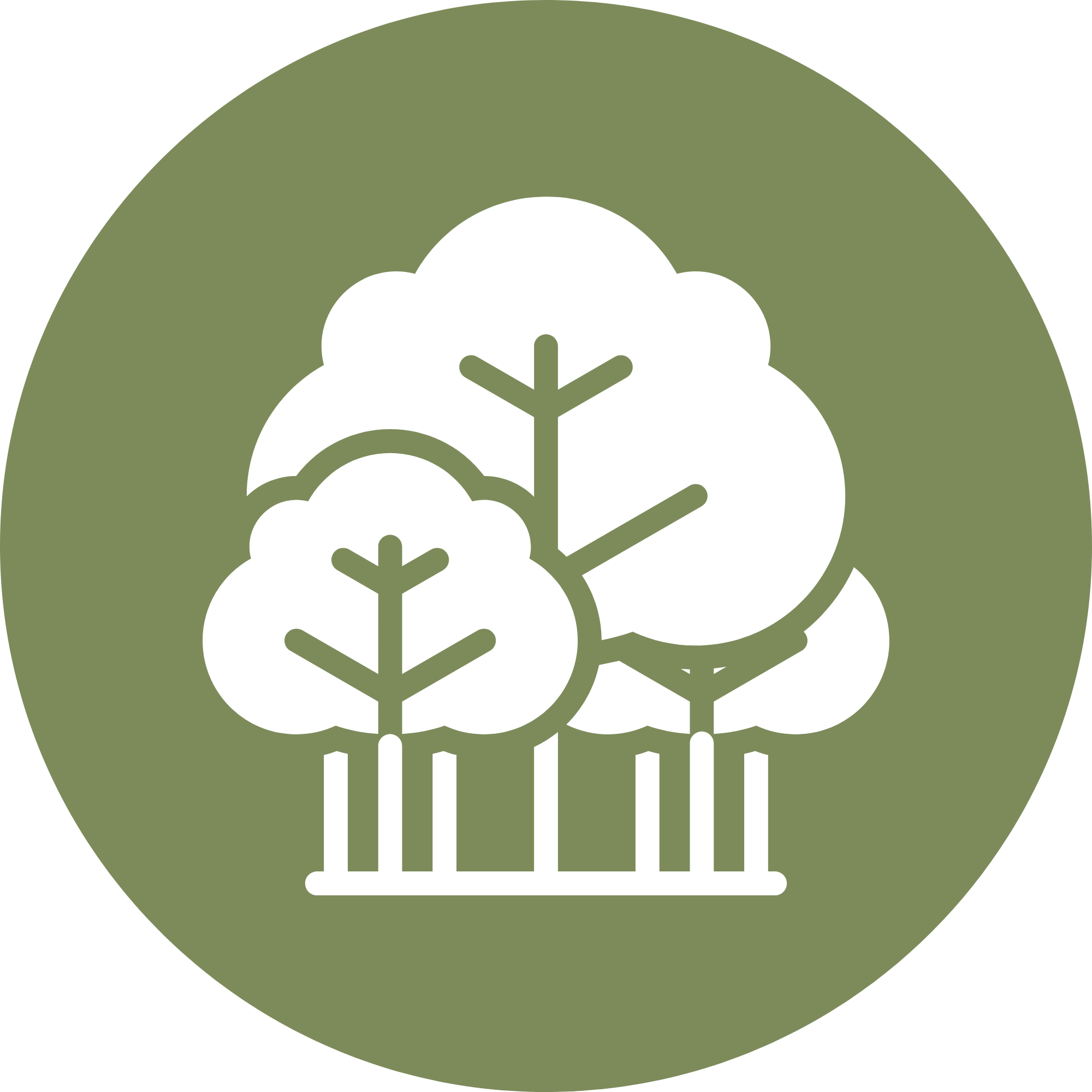 A graphic illustration of a house surrounded by snow-covered trees on a green background.