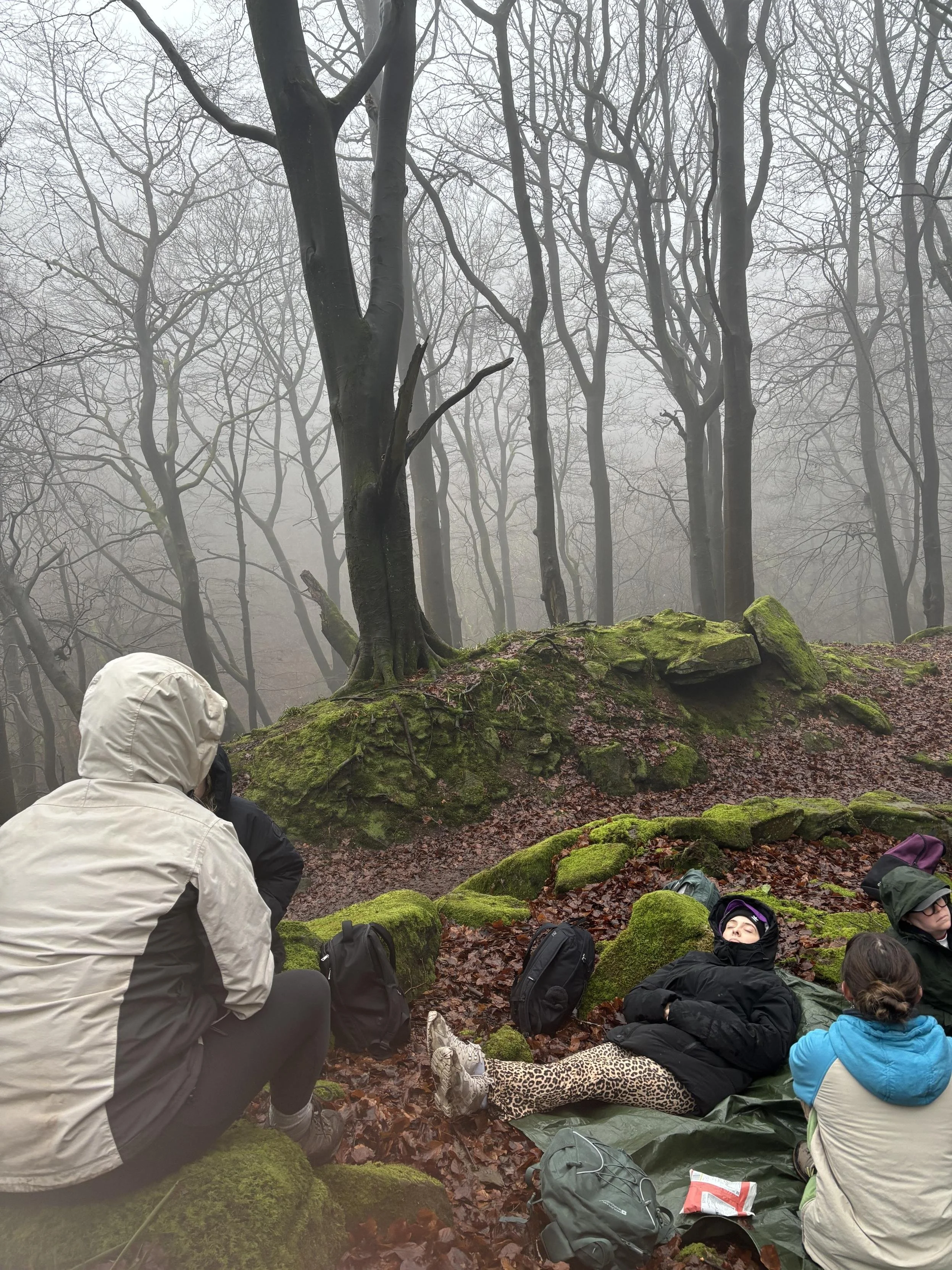 People sitting and lying on the ground in a foggy, mossy forest, some with backpacks, some wearing jackets and hats, with leaf-covered ground and bare trees in the background.