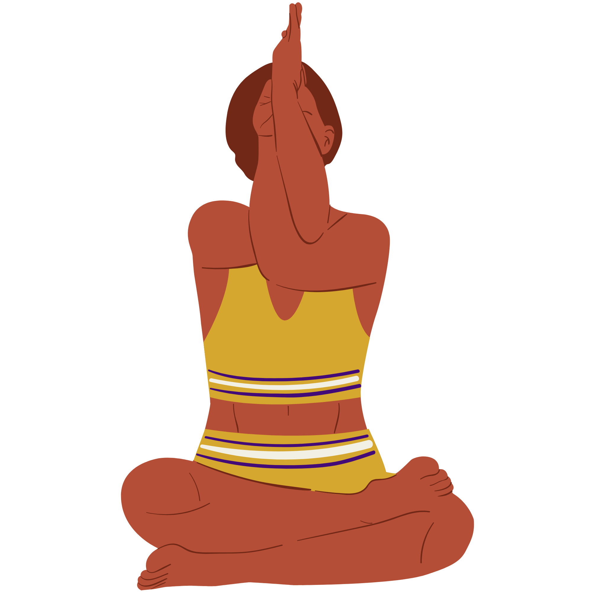 Illustration of a person of color practicing yoga in a seated pose with hands together above the head, wearing a yellow top and striped yellow and purple pants.