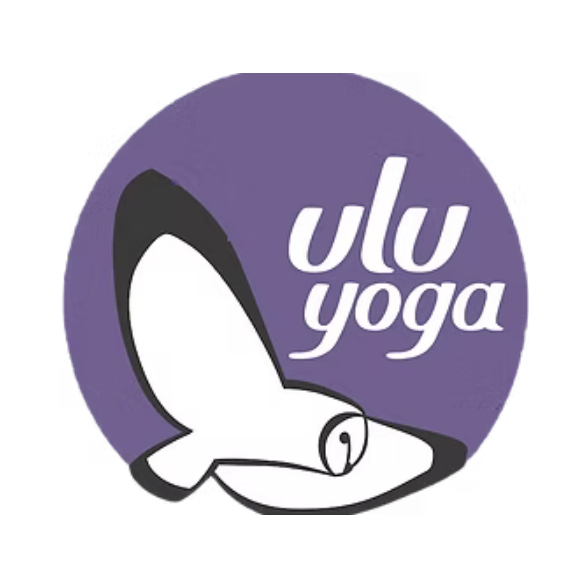 Logo with a purple background and a stylized white illustration of a whale, along with the words 'ULU Yoga' in white.