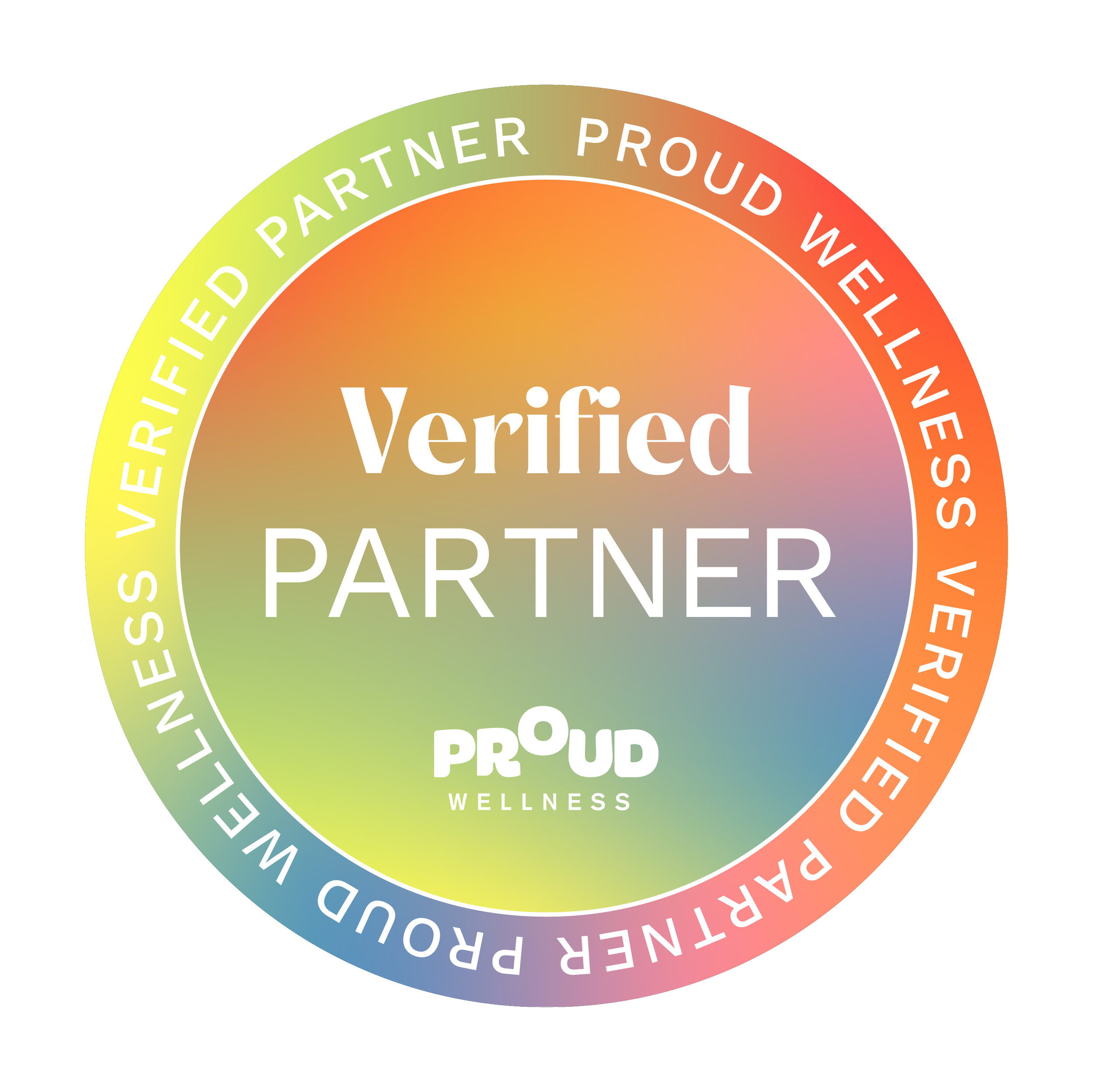 Colorful, circular badge with the words 'Verified' in the center and phrases like 'Partner', 'Proud', 'Wellness', and 'Evolved Partner' around the edge.